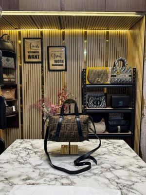 FEND_I LEATHER BOWLING HANDBAG WITH SLING PREMIUM QUALITY WITH DUST BAG (COFFEE BLACK)