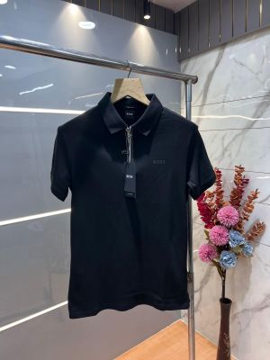 Hugo Bos s Black Premium 240 gsm interlock cotton fabric Polo Tshirt with Collar Design and Emboss Logo Zip Style 3180