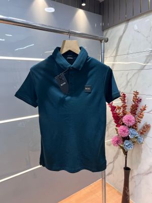 Hugo Bos s Green Premium 240 gsm interlock cotton fabric Polo Tshirt with Front Design and Patch Logo 3173