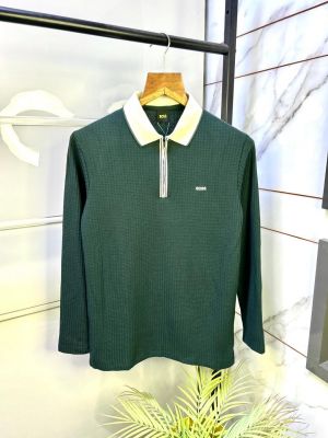 Boss Dark Green Knitted Full Sleeves Premium Collar T-shirt F3111-DGR