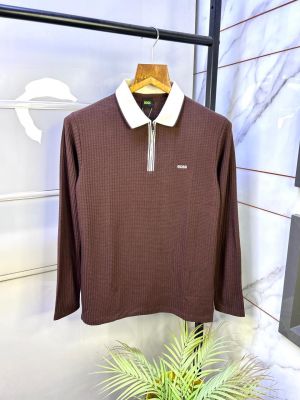 Boss Dark Brown Knitted Full Sleeves Premium Collar T-shirt F3111-DBR