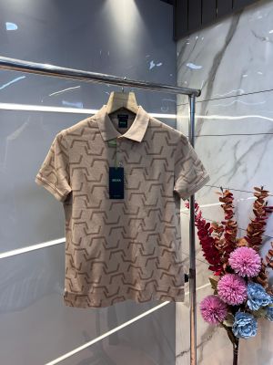 Hugo Bos s Cream Premium 240 gsm interlock cotton fabric Polo Tshirt with Allover Monogram Printed and Emboss Logo 3156