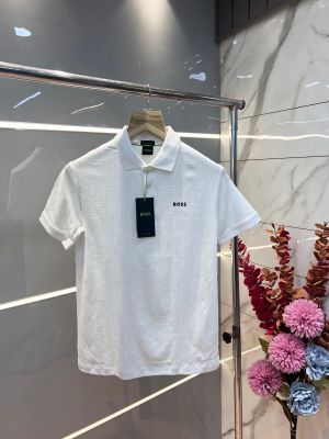 Hugo Bos s White Premium 240 gsm interlock cotton fabric Polo Tshirt with Allover Monogram Printed and Emboss Logo 3155