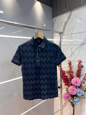 Hugo Bos s Navy Premium 240 gsm interlock cotton fabric Polo Tshirt with Allover Monogram Printed and Emboss Logo 3154