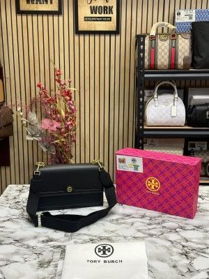 TOR_Y BURCH T MONOGRAM JACQUARD ADJUSTABLE STRAP WITH OG BOX DUST BAG BLACK DAMAGE BOX (NO RETURN)