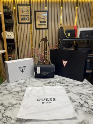 Guess Nastra Convertible Flap Crossbody Bag With Box Dust Bag Including Carry Bag (Black)