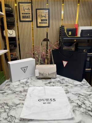 Guess Nastra Convertible Flap Crossbody Bag With Box Dust Bag Including Carry Bag (Beige)