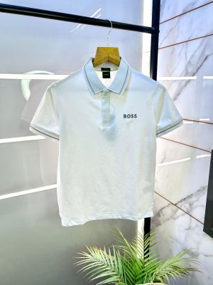 Hugo_Boss White Embossed Logo Print Premium Collar Neck Polo T-shirt F1691-WH