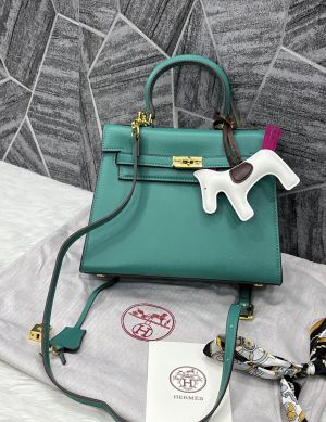 Hermes Kelly 25 Blue Green With Dust Cover Tags Lock  key & HorseCharm Packing