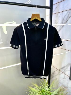 Calvin_Klein Knitted Zipper Black Super Premium Collar Neck T-shirt F3135-BL