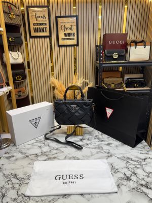 Guess Zaina Textured Structured HandBag With Box And Dust Bag Including Carry Bag (Black)