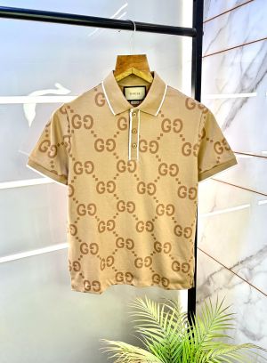 Gucc i Beige Monogram Premium Polo Neck Collar T-shirt F2992-BE