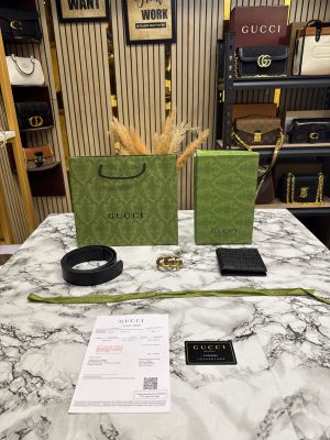 GUCC_I BELT WALLET COMBO GG EMBOSSED WALLET AND LEATHER BELT WITH GOLD GG BUCKLE INCLUDES BOX DUST BAG AND CARRY BAG (G64-4)