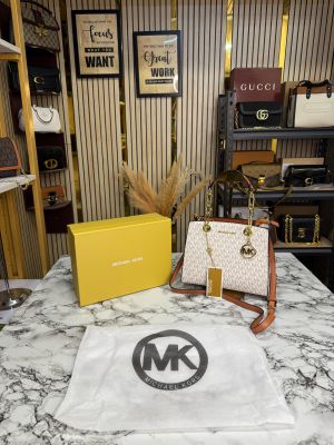 Michael_Kors Cynthia Signature Logo Satchel Bag With Box And Dust Bag Including Carry Bag (Beige)