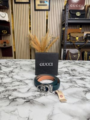 Gucc_i Leather Belt With Silver GG Buckle Includes Box (Green)