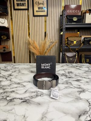 Mont Blanc Black Leather Belt with Matte Silver Signature Buckle Includes Box (M29)