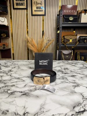 Mont Blanc Black Leather Belt with Gold Signature Buckle Includes Box (M30)