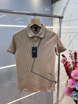 Hugo Bos s Beige Premium 240 gsm interlock compact cotton fabric Polo Tshirt with Front Design and Emboss Logo 3276