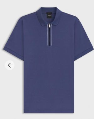 Hugo Bos s Navy Premium 240 gsm interlock compact cotton fabric Polo Tshirt with Front Design and Zip Style 3273