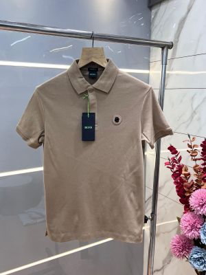Hugo Bos s Beige Premium 240 gsm interlock compact cotton fabric Polo Tshirt with Patch Logo 3278