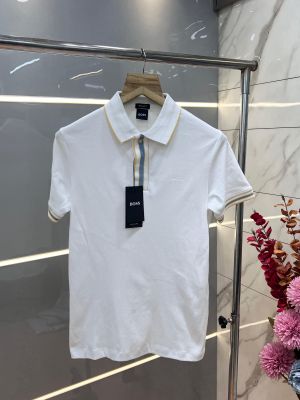 Hugo Bos s White Premium 240 gsm interlock compact cotton fabric Polo Tshirt with Collar and Front Design 3274