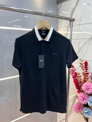 Hugo Bos s Black Premium 240 gsm interlock compact cotton fabric Polo Tshirt with Collar Design and Emboss Logo 3277