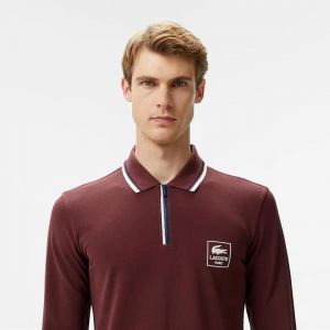 Lacost e Maroon Premium Cotton Lycra Pique fabric Polo Full Sleeves Tshirt with Collar Design and Emboss Logo Zip Style 3296