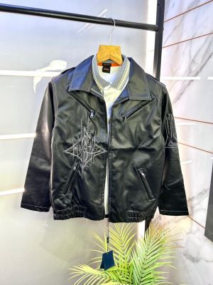 Louis_Vuitton Imported Super Premium Black Leather Zipper Jacket F3183-BL