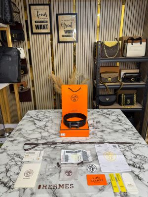 Hermes Black Leather Belt with Matte Black H Buckle Full Set Includes (12-1)