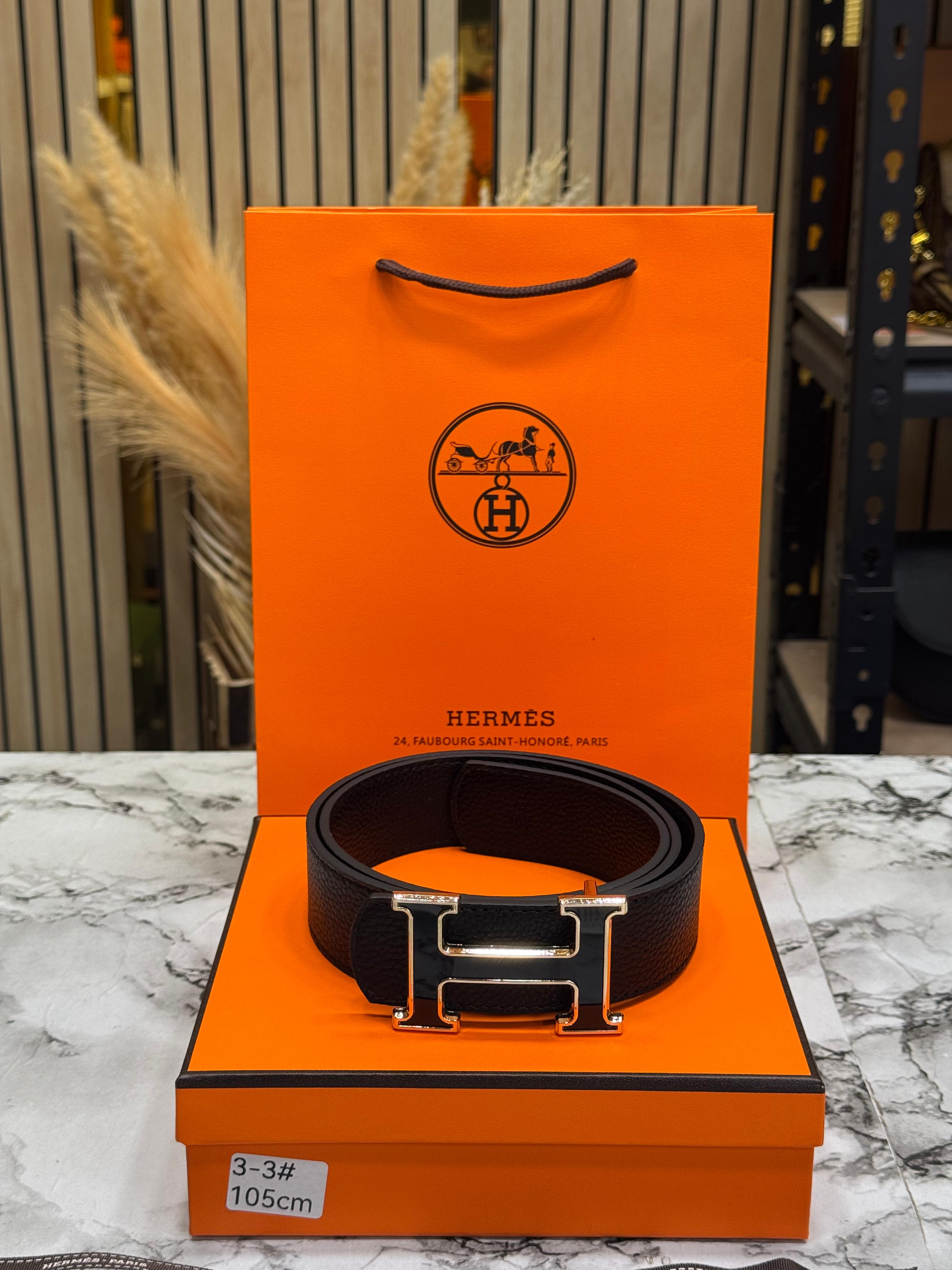 Hermes Black Leather Belt with Gold H Buckle Includes Box Dust Bag And Carry Bag (3-3)
