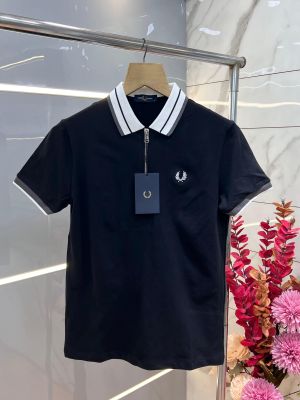 Fred Perr y Black Premium Cotton Lycra Pique fabric Polo Tshirt with Collar Design and Embroidered Logo Zip Style 3380