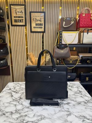 Mont Blanc Black Embossed Leather Laptop with Shoulder Strap