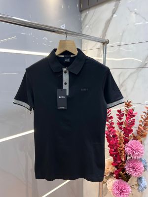 Hugo Bos s Black Premium 240 gsm interlock compact cotton fabric Polo Tshirt with Front Design and Emboss Logo 3368