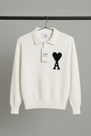 Ami Paris White Knitted Polo Full sleeves IMPORTED