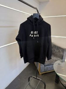 Ami paris oversize imported fleece hoodie with front embroidery branding black