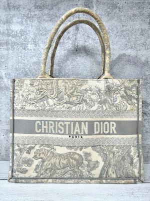 Christian Dio_r Book Tote Ecru And Grey Toile Jouy Embroidery Includes Dust Bag 