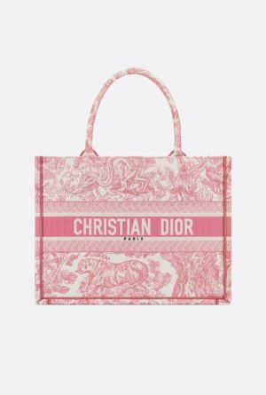 Christian Dio_r Book Tote Pink Ecru And Toile Jouy Embroidery Includes Dust Bag 