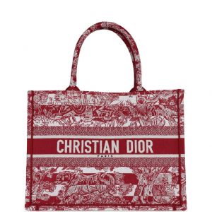 Christian Dio_r Book Tote Red Ecru And Toile Jouy Embroidery Includes Dust Bag 