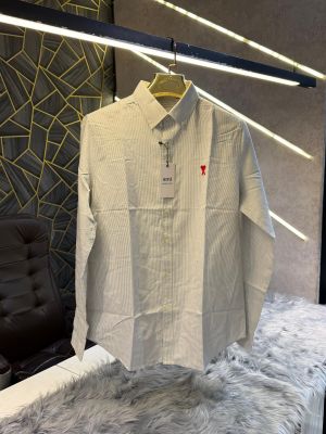 Ami Paris Grey Stripes Embroidery Logo Premium Shirt (1846)
